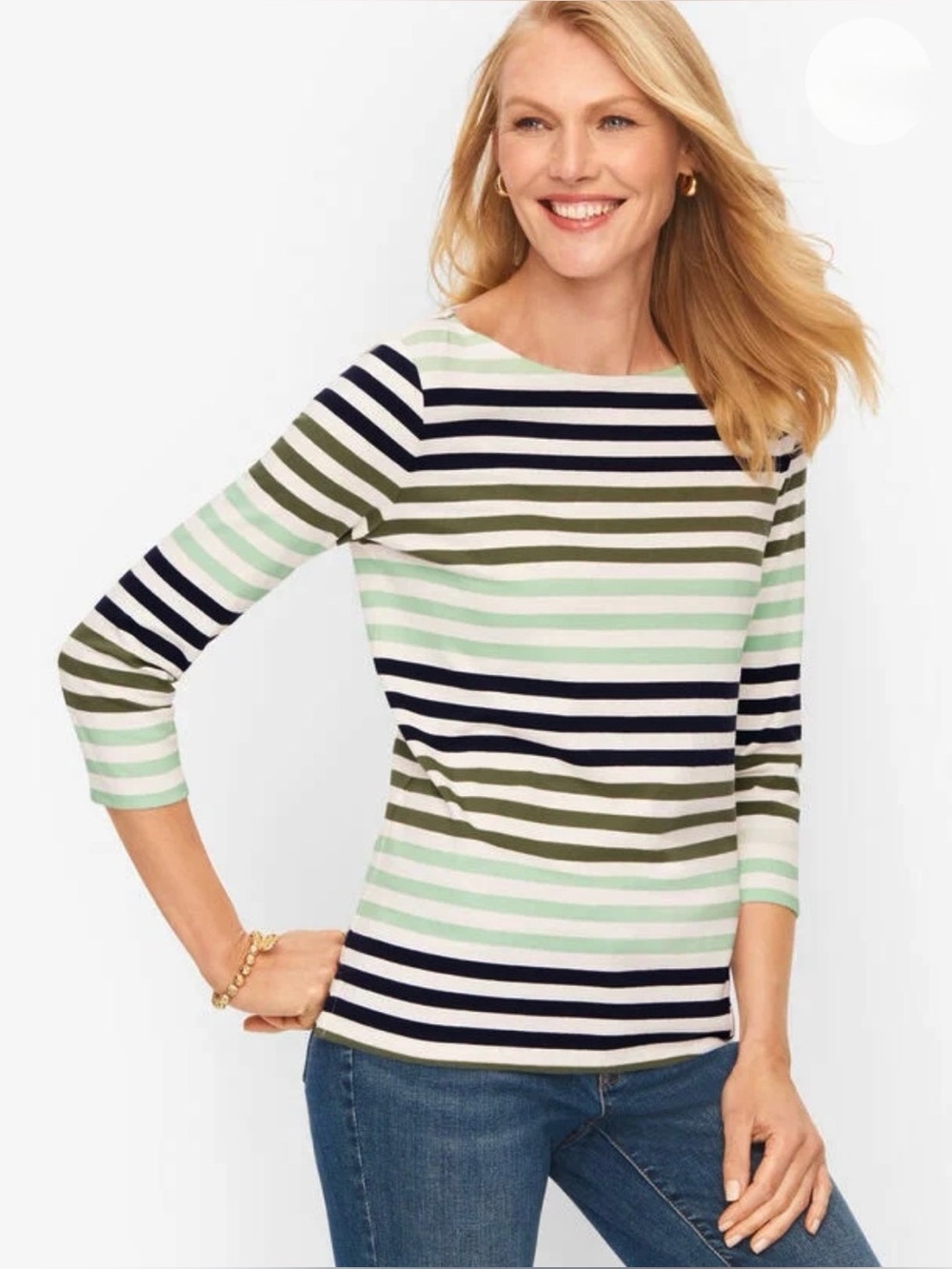 Authentic Talbots Dreamy Striped Tee Cotton 3/4 Sleeves Nautical Coastal Med. P